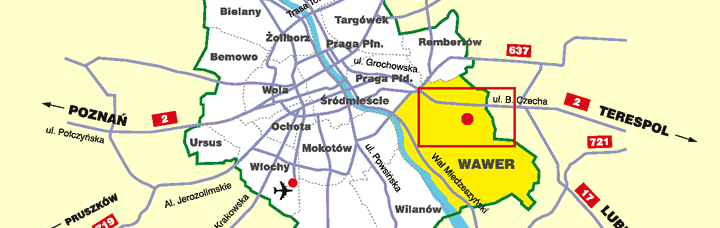 Firma Wagraf mieci si w Warszawie. Najed kursorem na zazaczony obszar wok Warszawy  i wybierz kolejn map